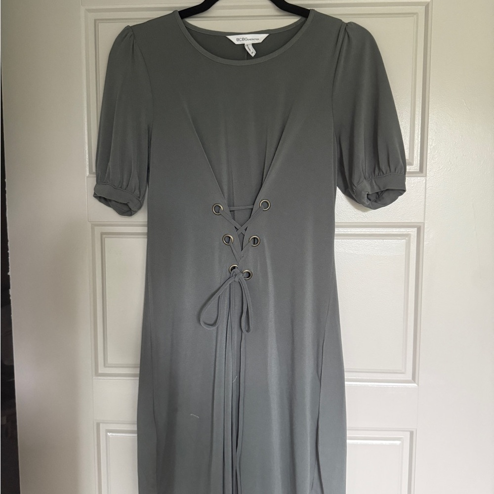 BCBGeneration Short Sleeve Lace Up Front Sage Green Shift Dress